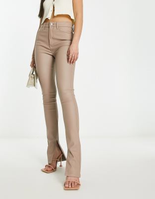 Asos Design Hourglass Power Stretch Skinny Kick Flare With Split Hem In Beige Coated-neutral