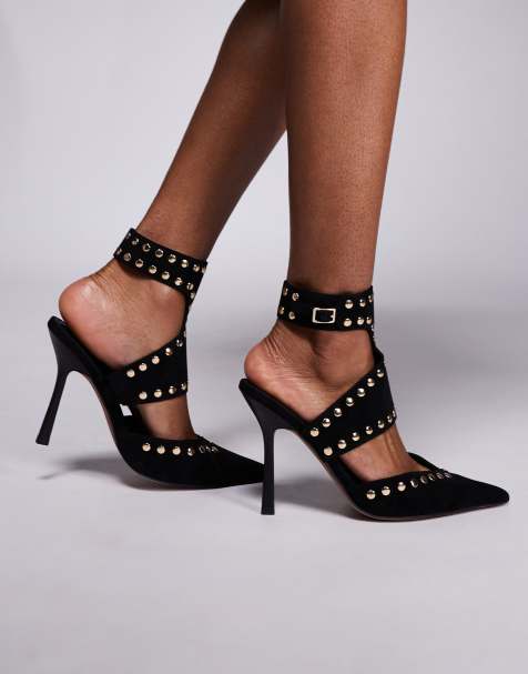 ASOS DESIGN Power suedette studded high heeled shoes in black suedette - view 1