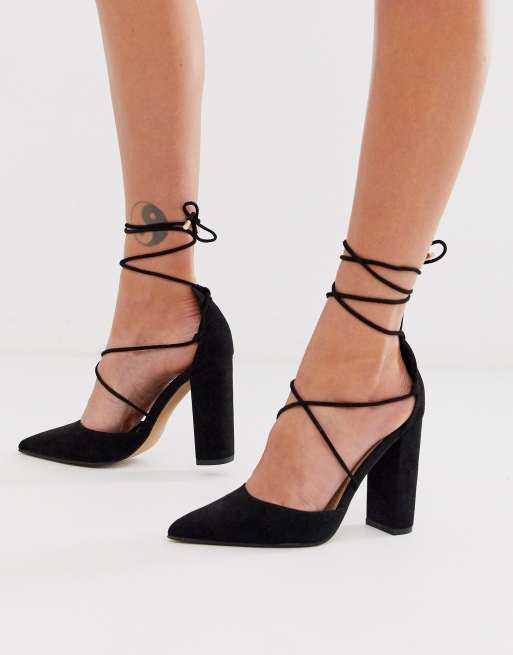 ASOS DESIGN - Power Trip - Scarpe con tacco alto e largo e allacciatura sulla gamba nere