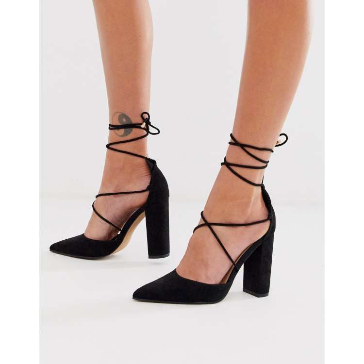 ASOS DESIGN Power Trip tie leg high block heels in black ASOS