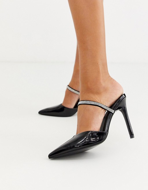 Αποτέλεσμα εικόνας για ASOS DESIGN Power Up diamante high heeled mules in black patent