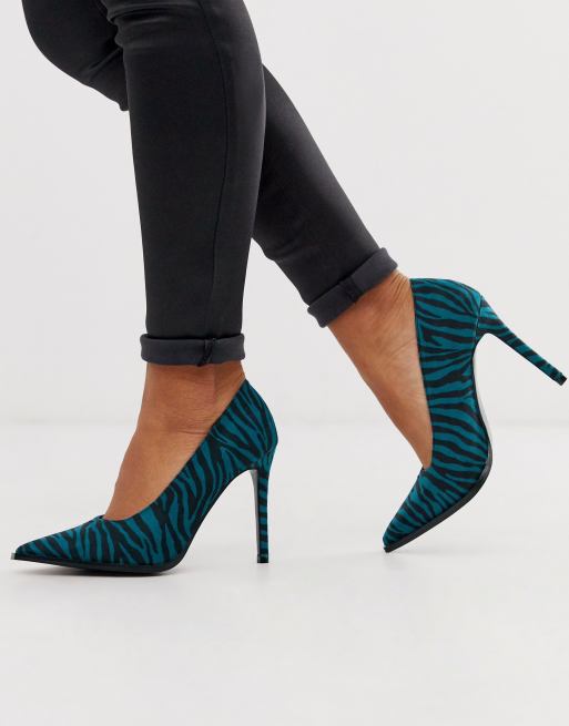 ASOS DESIGN Powerful high heeled court shoes in blue zebra ASOS