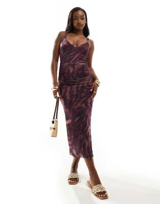 Asos Design Powermesh Strappy Midi Tea Dress With Bust Seams In Animal Print-multi