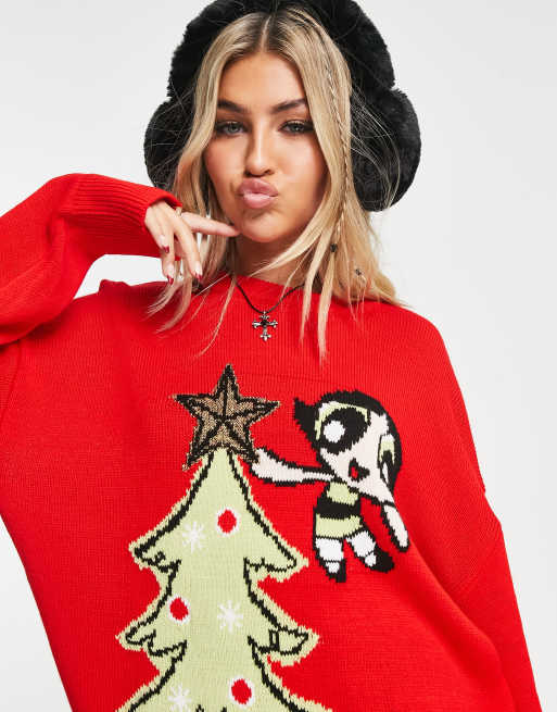 ASOS DESIGN Powerpuff Girls pattern Christmas jumper in red