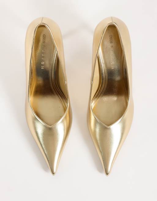 ASOS DESIGN Prague pointed stiletto high heel court shoes in gold, 2 of 4