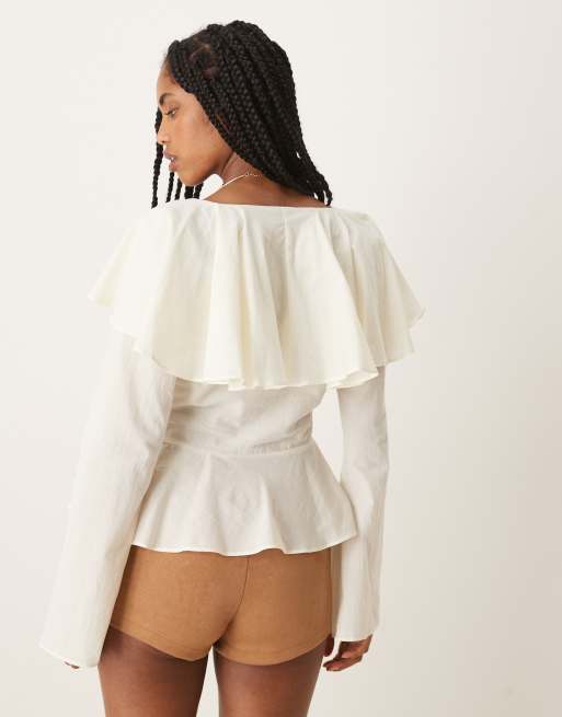 ASOS DESIGN - Prairie-blouse met ruches aan de hals in ivoorwit, 4 van 4