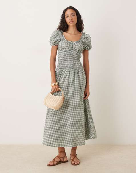 ASOS DESIGN prairie maxi dress with gathered bust and shirred bodice in olive gingham - view 1