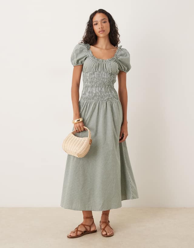 asos green gingham dress DESIGN prairie maxi with gathered bust and shirred bodice in olive Neon rose green