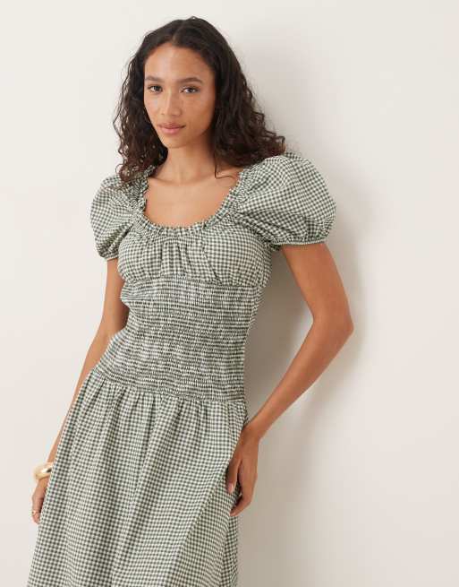 ASOS DESIGN prarie maxi dress with gathered bust and shirred bodice in olive gingham
