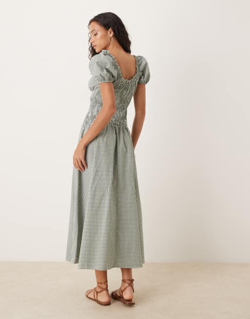 ASOS DESIGN prarie maxi dress with gathered bust and shirred bodice in olive gingham