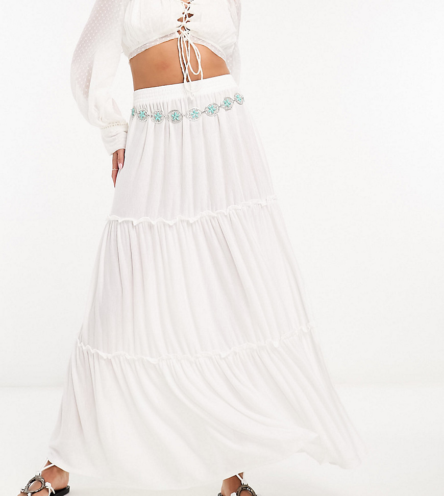ASOS DESIGN prairie ruffle tiered maxi skirt with split in ivory-White