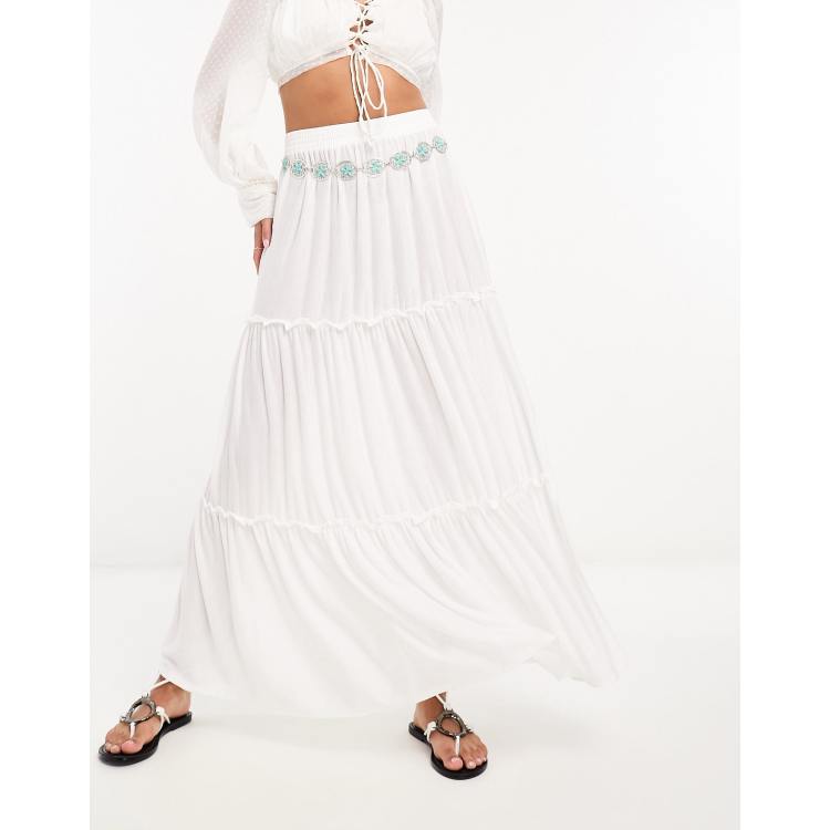 ASOS DESIGN prairie ruffle tiered maxi skirt with split in ivory