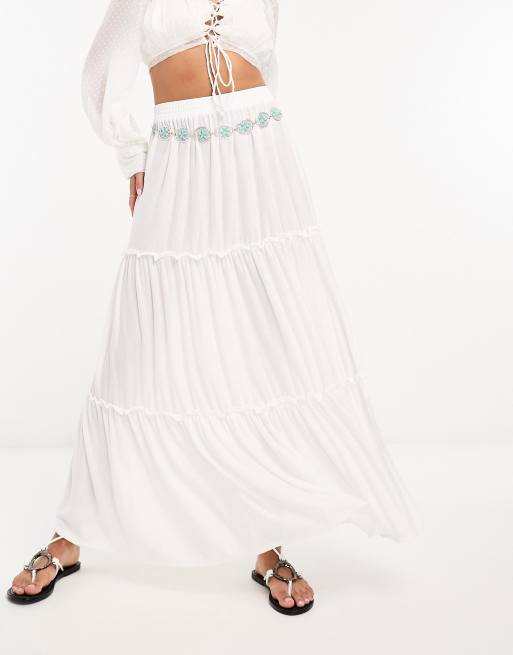 ASOS DESIGN prairie ruffle tiered maxi skirt with split in ivory