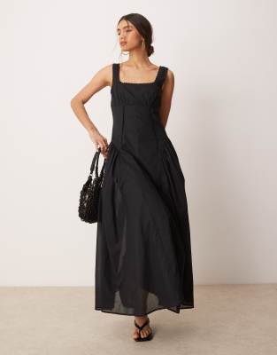 prairie square neck maxi dress with dropped waist in black