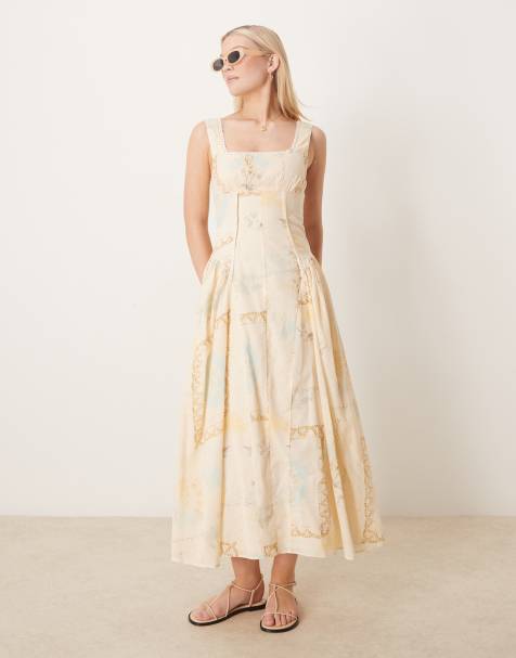 ASOS DESIGN prairie square neck maxi dress with dropped waist in blown out postcard print - view 1