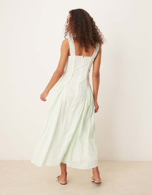 ASOS DESIGN prairie square neck maxi dress with dropped waist in mint gingham, 3 of 4