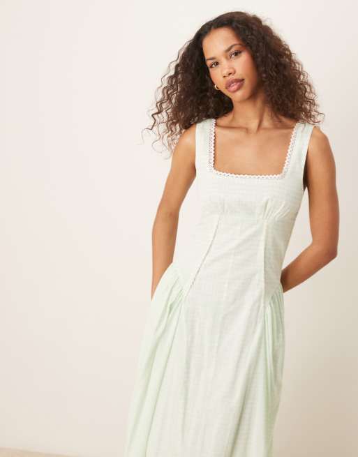 ASOS DESIGN prairie square neck maxi dress with dropped waist in mint gingham