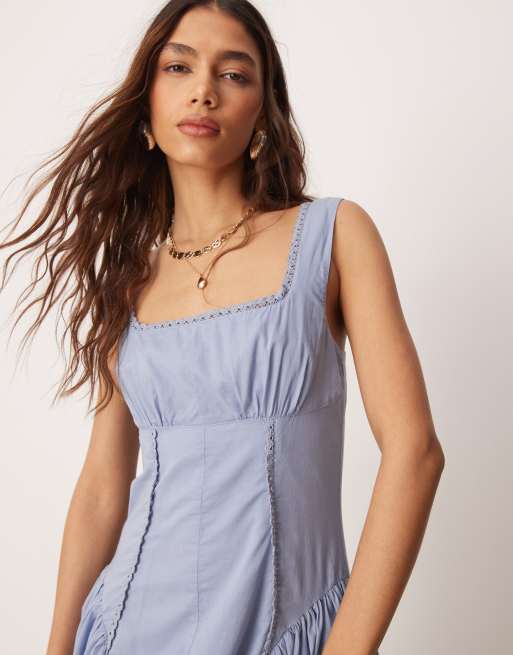 ASOS DESIGN prairie square neck maxi sundress with dropped waist in blue , 3 of 4