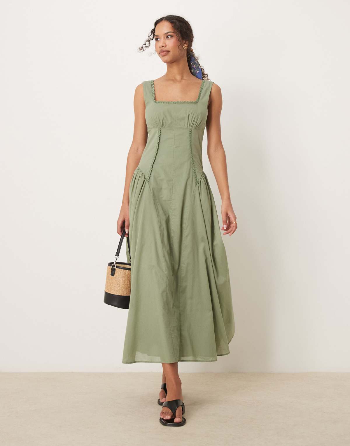 ASOS DESIGN prairie square neck midaxi dress with dropped waist in khaki