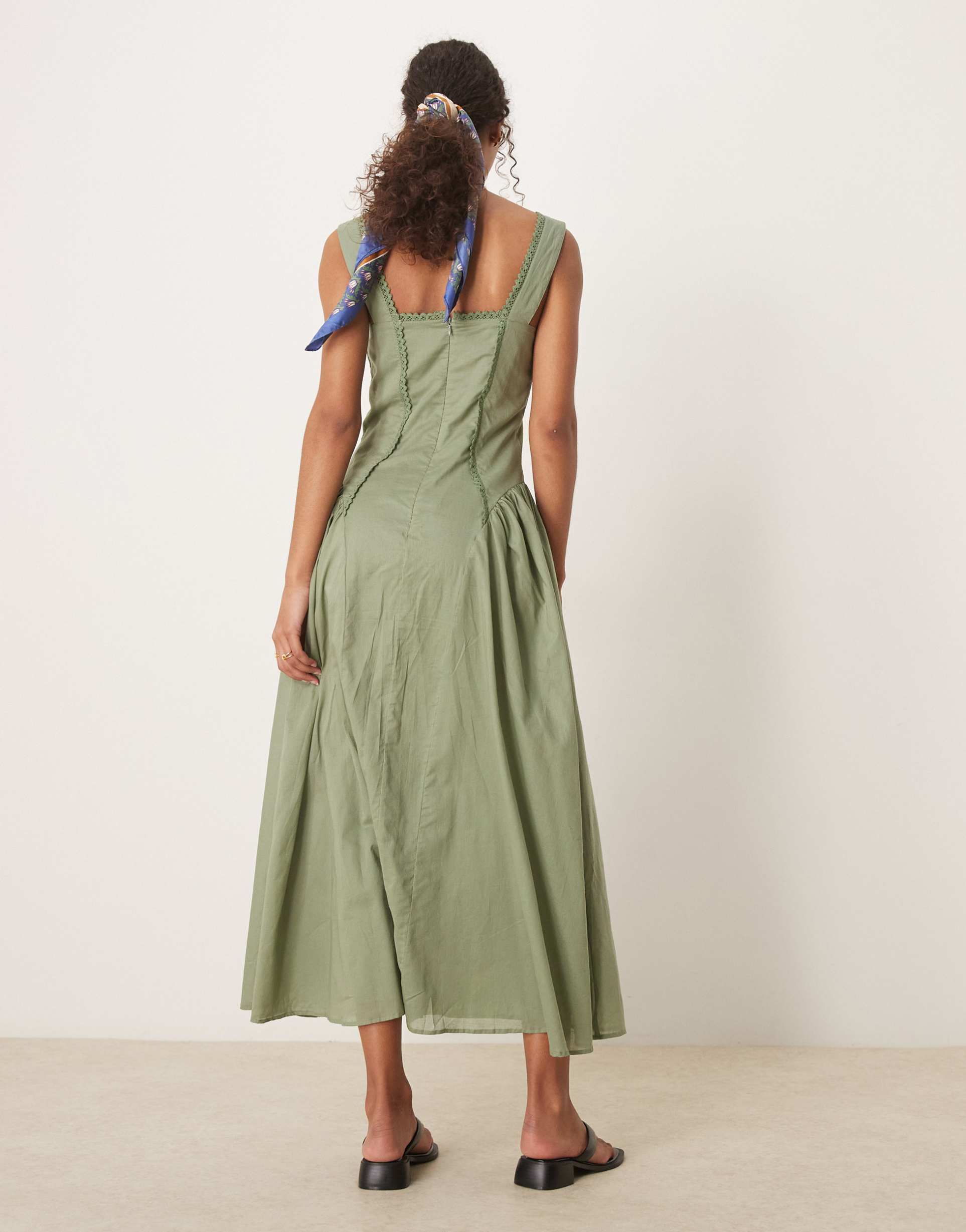 asos design prairie square neck midaxi dress with dropped waist in khaki