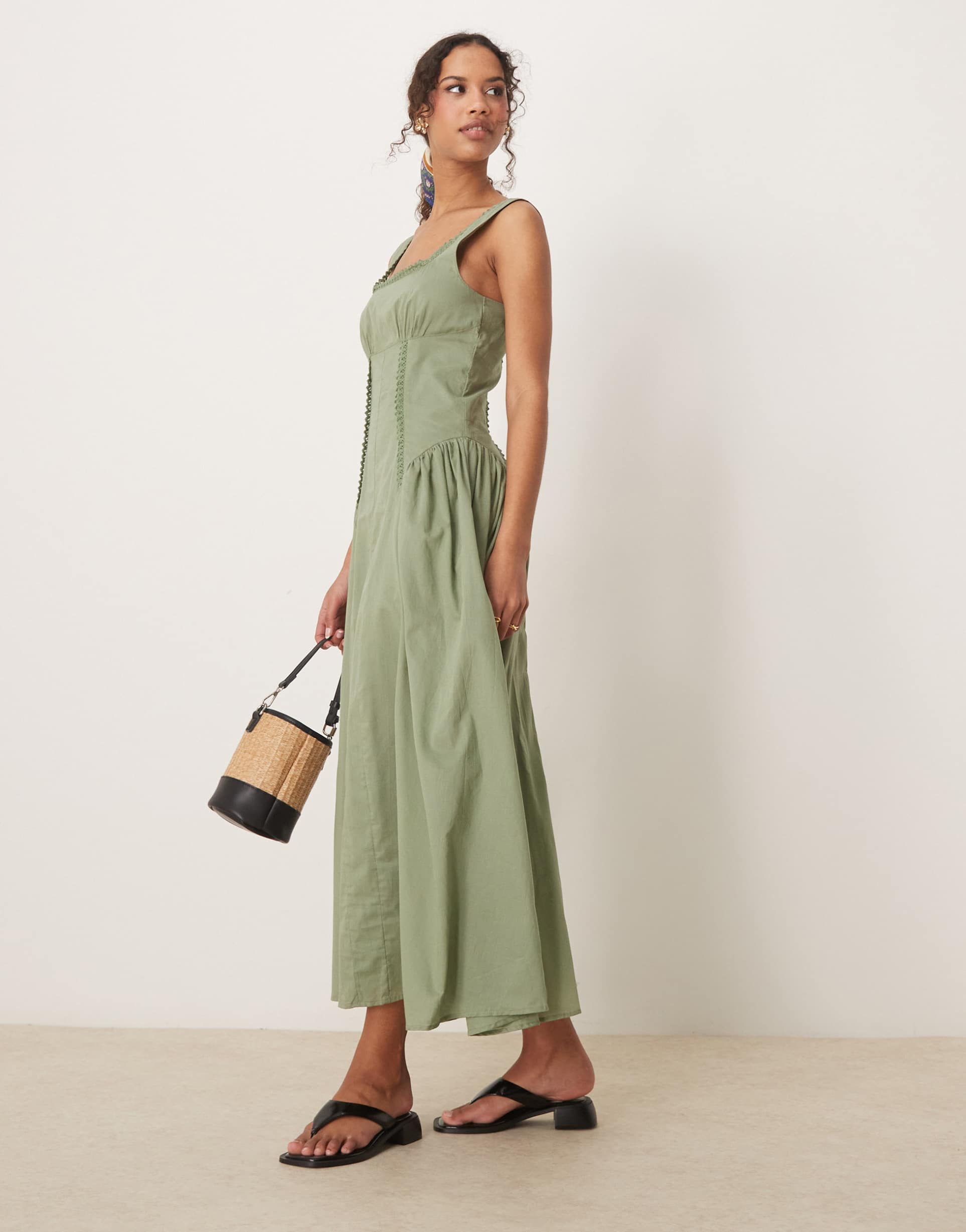 asos design prairie square neck midaxi dress with dropped waist in khaki
