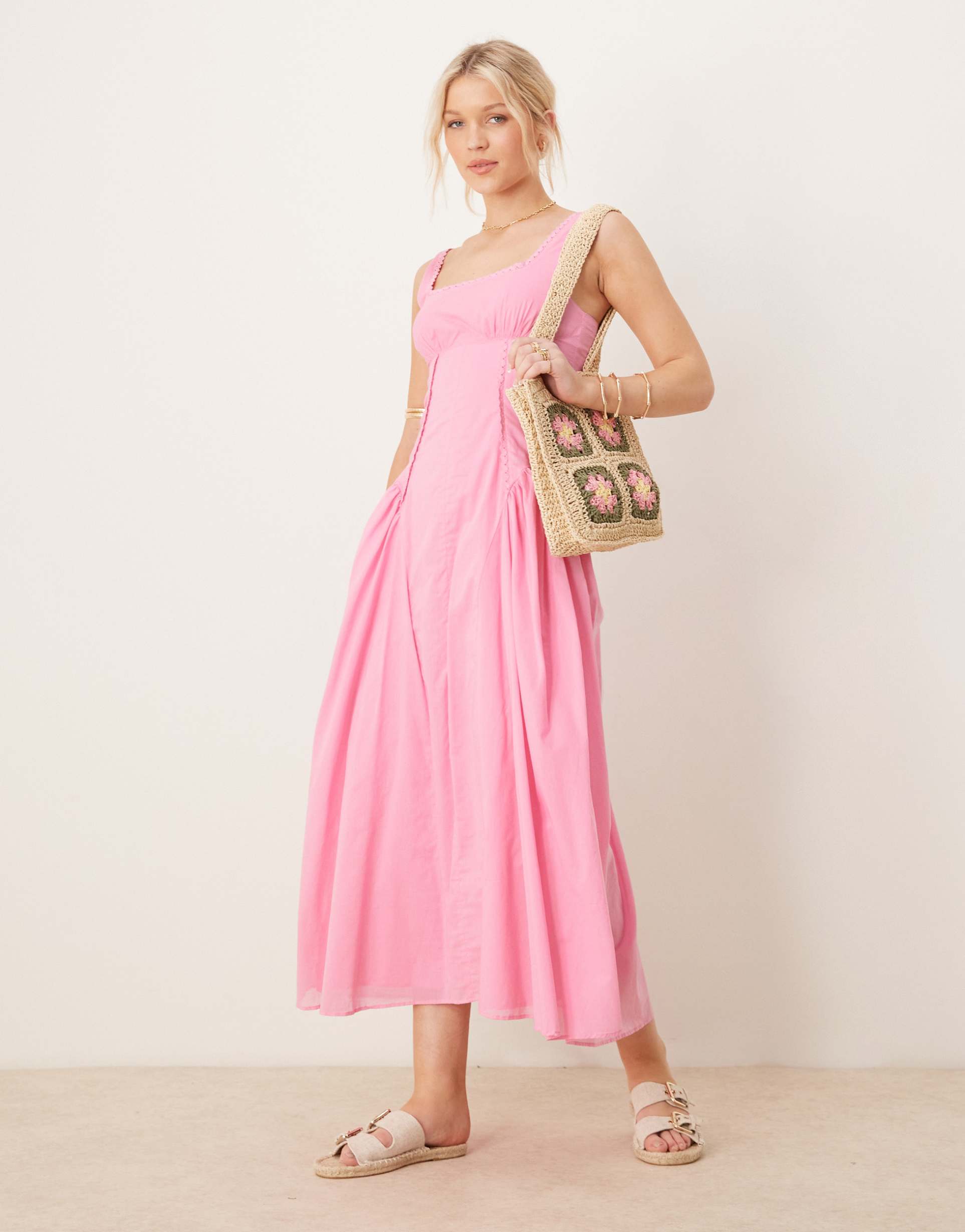 asos design prairie square neck midaxi dress with dropped waist in pink