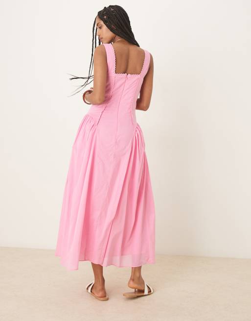 ASOS DESIGN prairie square neck midaxi dress with dropped waist in pink