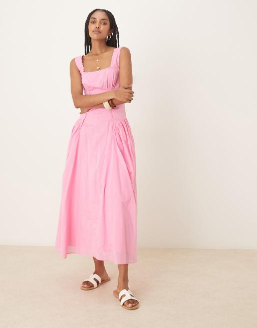 ASOS DESIGN prairie square neck midaxi dress with dropped waist in pink
