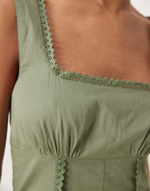 ASOS DESIGN prairie square neck midaxi sundress with dropped waist in khaki , 3 of 4