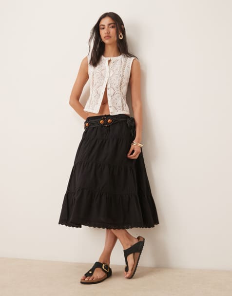 ASOS DESIGN prairie tiered midi skirt in black - view 1