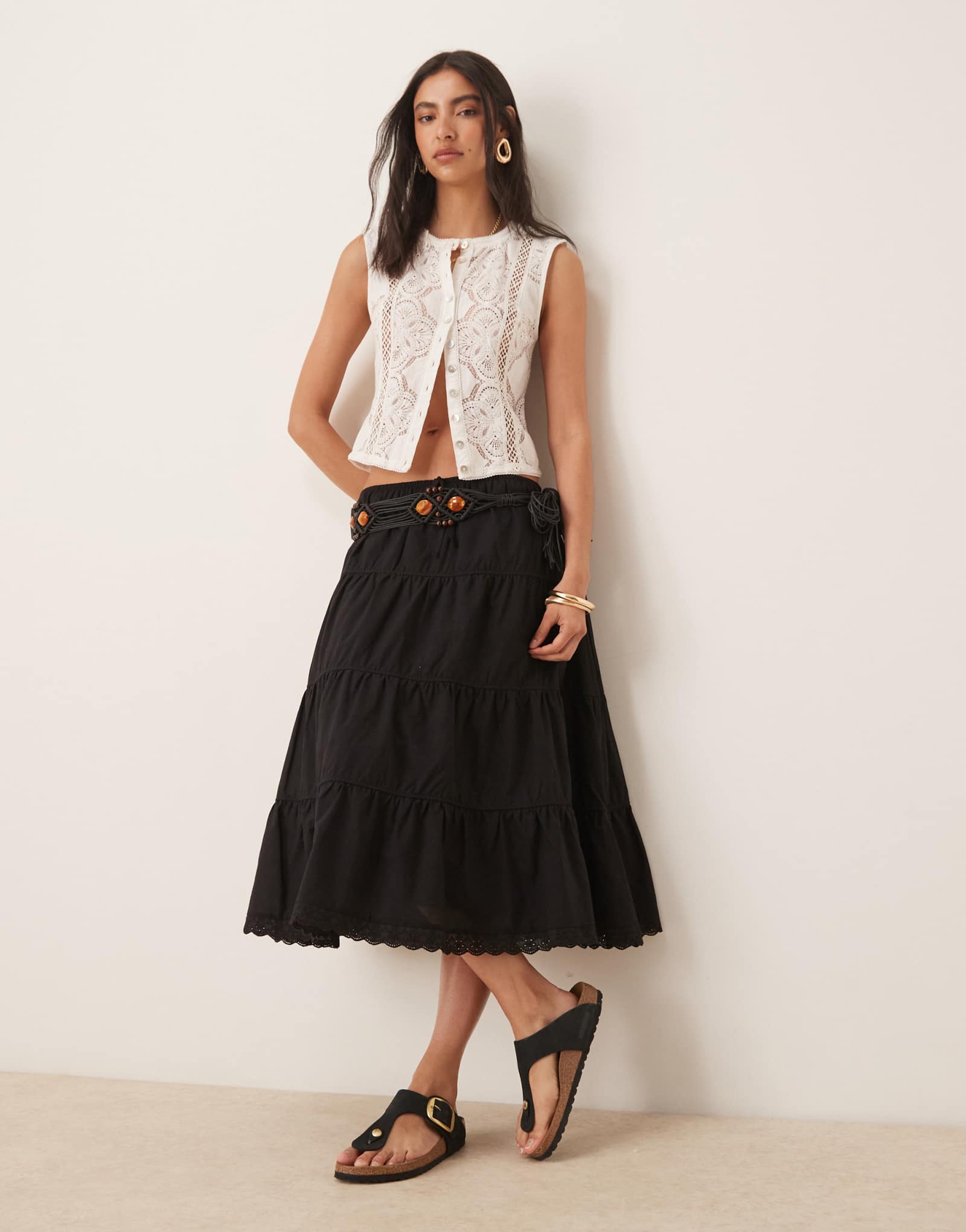 Многоярусная юбка миди в стиле прерий от ASOS DESIGN черного цвета
