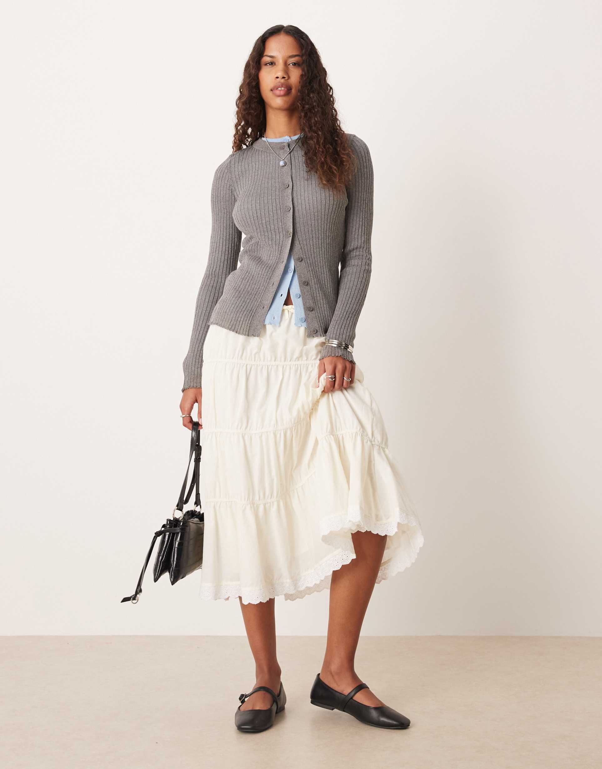 asos design prairie tiered midi skirt in ivory