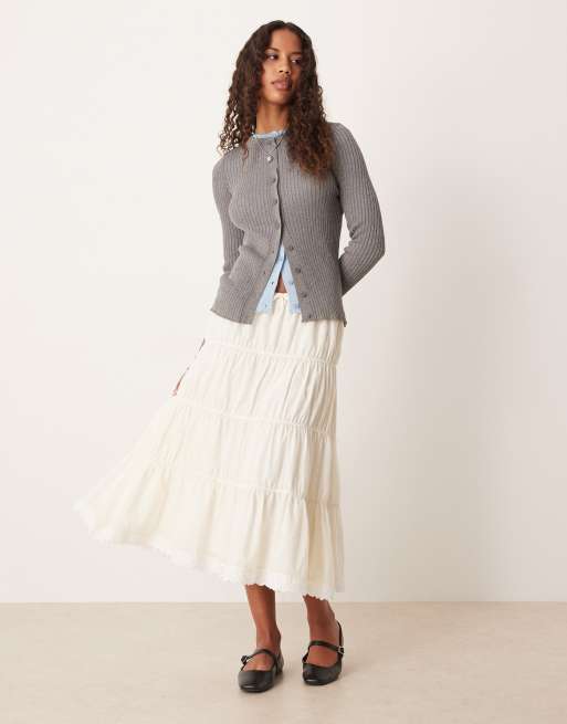 ASOS DESIGN prairie tiered midi skirt in ivory, 5 of 5