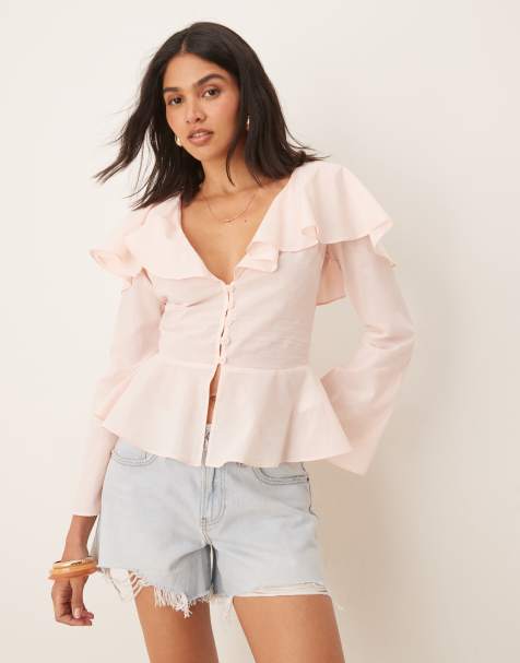 ASOS DESIGN – Prärie-Bluse in Hellrosa mit Rüschenausschnitt - view 1