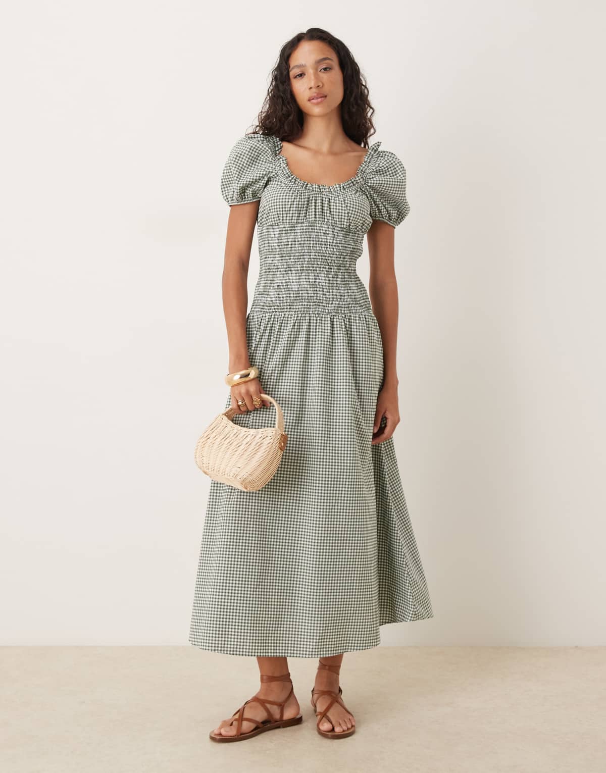 ASOS DESIGN prarie maxi dress with gathered bust and shirred bodice in olive gingham