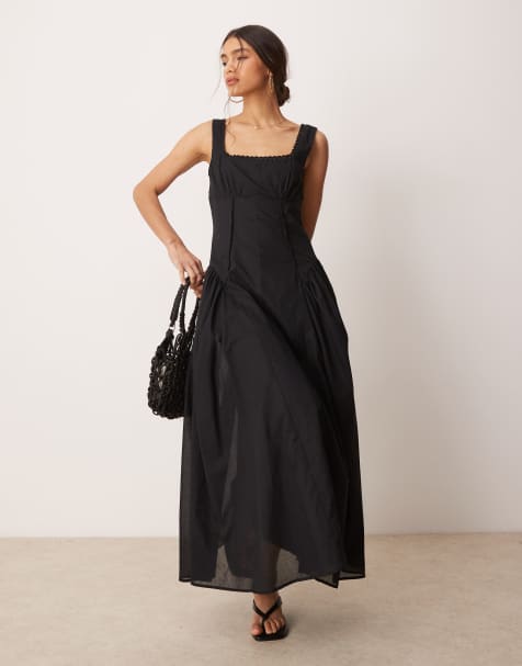 ASOS DESIGN – Prärie-Maxikleid in Schwarz mit eckigem Ausschnitt und tief angesetzter Taille - view 1