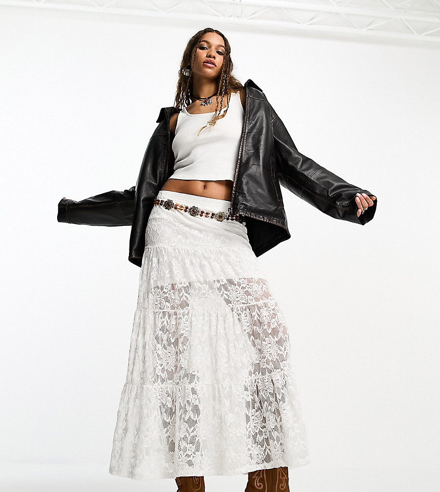 ASOS DESIGN prarie tiered lace maxi skirt in cream-White