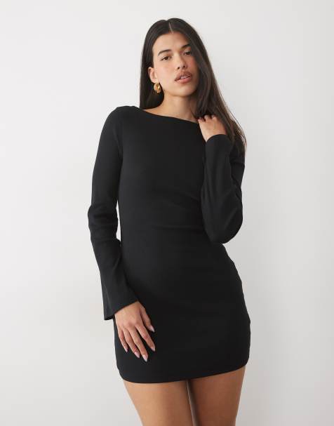 ASOS DESIGN prążkowana bawełniana mini sukienka z okrągłym wycięciem na plecach w kolorze czarnym - view 1