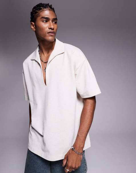 ASOS DESIGN oversized polo in beige linen look rib  