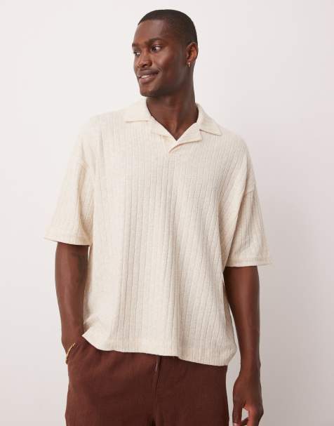 ASOS DESIGN boxy oversized polo in beige linen mix rib