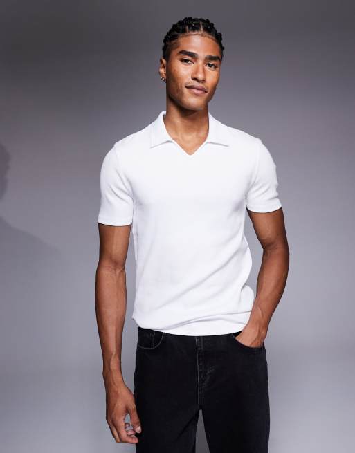 ASOS DESIGN – Prążkowana biała koszulka polo o kroju podkreślającym sylwetkę