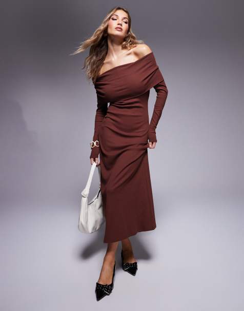 ASOS DESIGN – Prążkowana bordowa sukienka midi z długim rękawem i dekoltem bardot - view 1