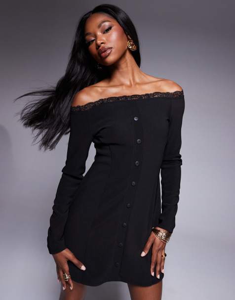 ASOS DESIGN – Prążkowana czarna sukienka skater z dekoltem bardot - view 1