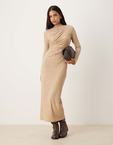 ASOS DESIGN ribbed drape maxi dress in neutral marl