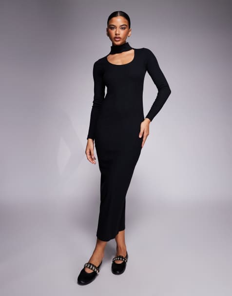 ASOS DESIGN – Prążkowana dwuwarstwowa sukienka midi w czarnym kolorze z ozdobnym chokerem - view 1