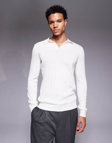 ASOS DESIGN muscle fit long sleeve knitted rib polo in white