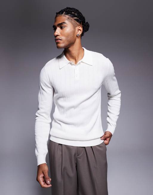 ASOS DESIGN – Prążkowana dzianinowa koszulka polo o kroju podkreślającym sylwetkę z długimi rękawami w białym kolorze