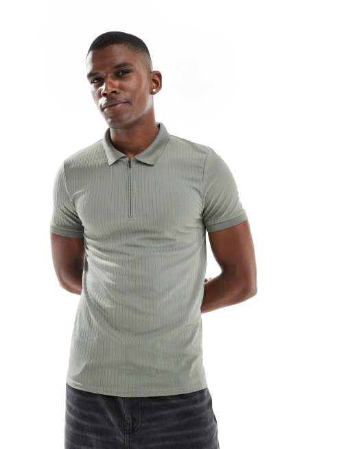  ASOS DESIGN – Prążkowana koszulka polo o kroju podkreślającym sylwetkę z suwakiem pod szyją w kolorze khaki