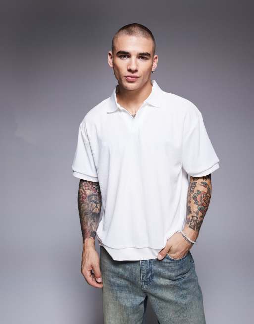ASOS DESIGN – Prążkowana koszulka polo o luźnym pudełkowym kroju w kolorze złamanej bieli