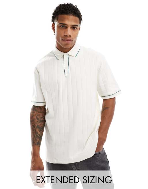 ASOS DESIGN – Prążkowana koszulka polo w kolorze ecru z zielonym wykończeniem
